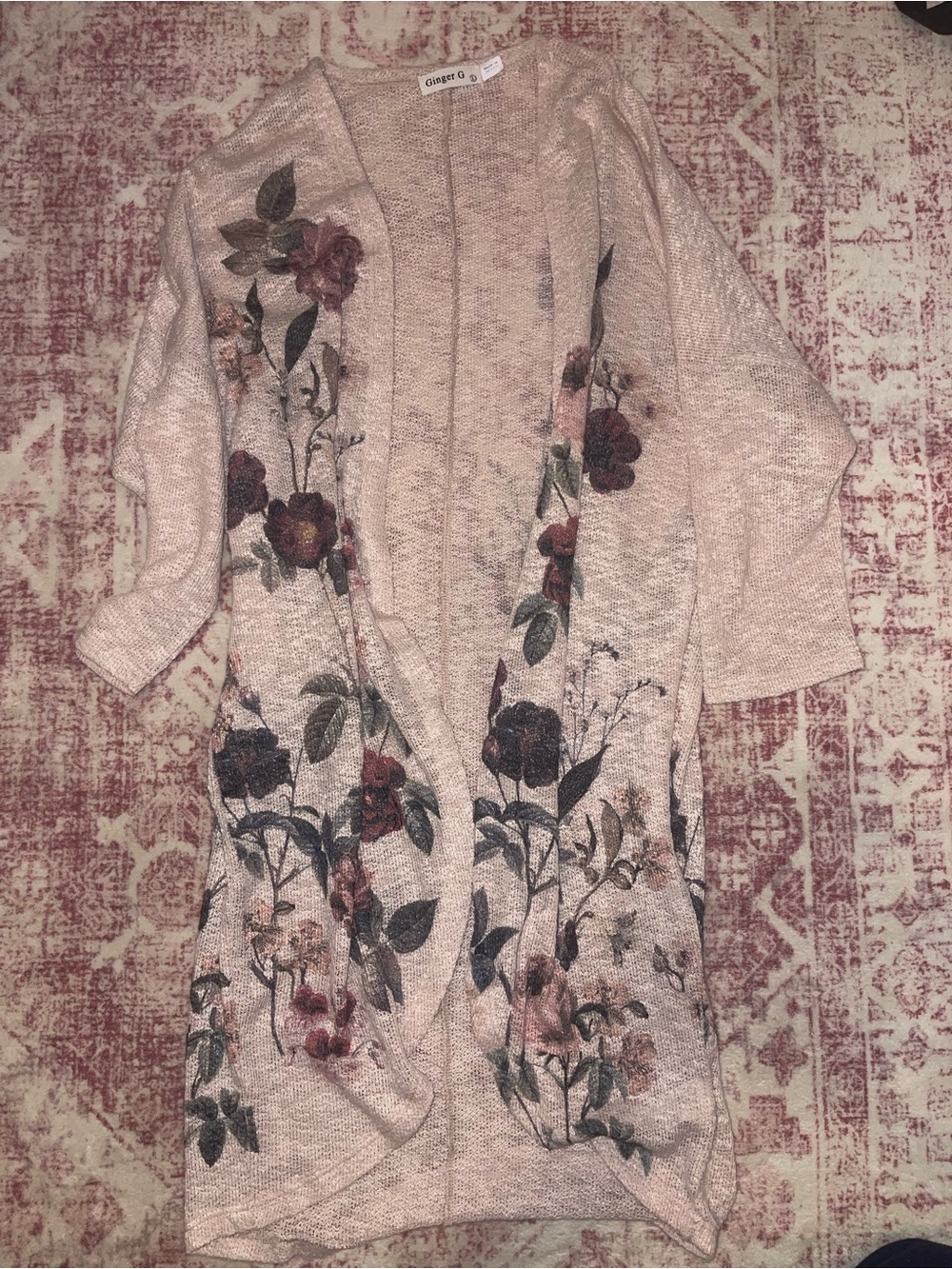 Ginger G Floral Open-Front Cream Knit Sweater Cardigan